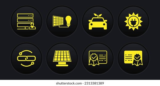 Set Chain link line, Solar energy panel, Certificate template, Eco car concept drive, and light bulb,  and Customer care server icon. Vector