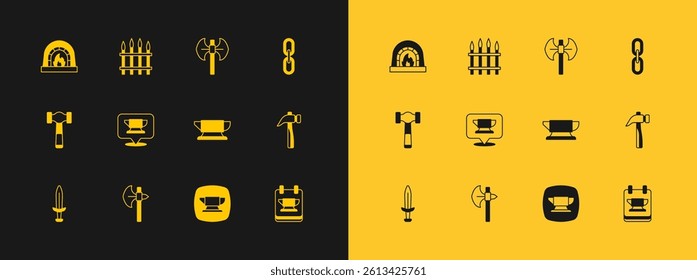 Set Chain link, Medieval axe, Blacksmith anvil tool, poleaxe, oven and Classic iron fence icon. Vector