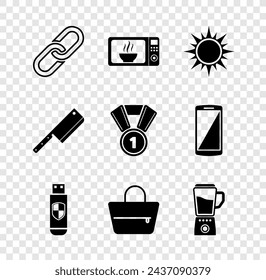 Set Chain link, Microwave oven, Sun, USB flash drive and shield, Handbag and Blender icon. Vector