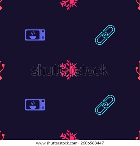 Set Chain link, Microwave oven, Sun and snowflake and USB on seamless pattern. Vector