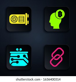 Set Chain link, Mining farm, Cryptocurrency wallet and Bitcoin think. Black square button. Vector