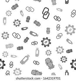 Set Chain link, Mining farm, Cryptocurrency coin Bitcoin and USB flash drive on seamless pattern. Vector