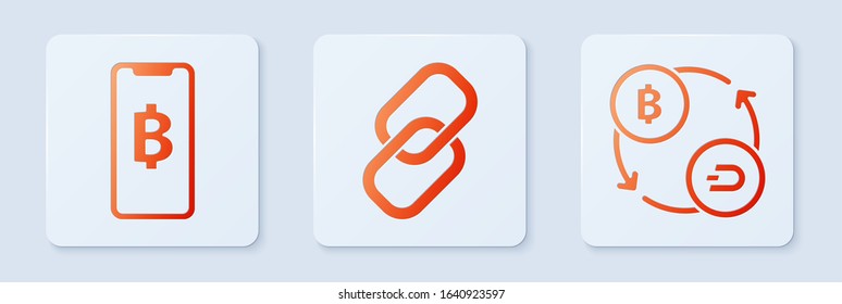 Set Chain link, Phone mobile and cryptocurrency coin Bitcoin and Cryptocurrency exchange. White square button. Vector
