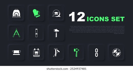 Set Chain link, Round shield, Rasp metal file, Hammer, Air blower bellows, Blacksmith anvil tool, Protective gloves and Metallic nails icon. Vector