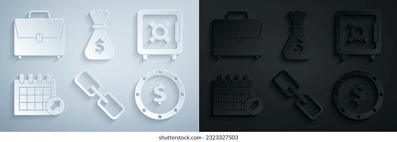 Set Chain link, Safe, Calendar, Coin money with dollar symbol, Money bag and Briefcase icon. Vector