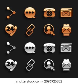 Set Chain link, Website and envelope, Mobile, Create account screen, Telephone 24 hours support, Share and Speech bubble chat icon. Vector