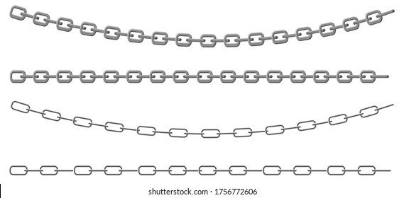 Set Chain metal links. Straight curved security element. Vector illustration isolated on white background
