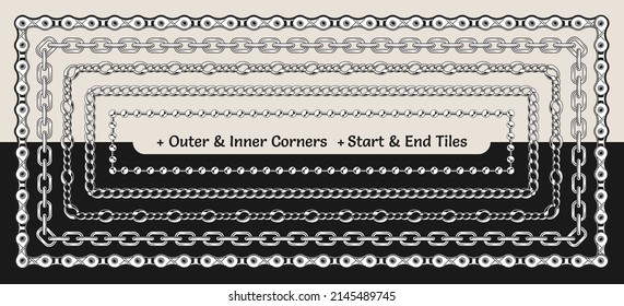 Set of chain pattern brushes with corners, end and start tiles in vintage style. Monochrome black and white illustration.