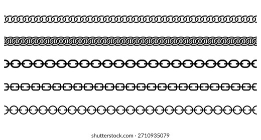 Conjunto de cadenas y pulseras. Colección de la línea de cadena del metal. Conjunto de cepillo de cadena. Conjunto de patrón de cadena de cuerdas trenzadas en negro. Colección de cadena de Enlace recta.