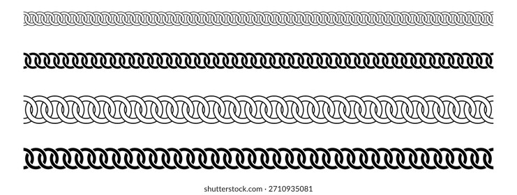 Satz von Ketten und Armbändern. Metallketten-Liniensammlung. Kettenbürstensatz. Kettenmuster aus geflochtenen Seilen in schwarz. Straight Link Chain Collection.