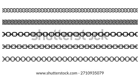 Set of chains and bracelets. Metal Chain Line collection. Chain brush set. chain pattern set of braided ropes in black. Straight Link Chain Collection.