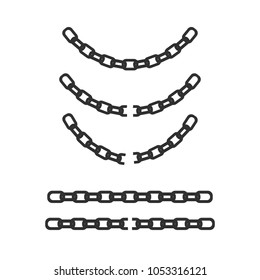 Set of chains, chain break, rings, links, straight, on weight, black, white, vector illustration, flat silhouette, simple