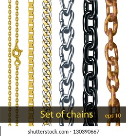 Set of chains made of different metals isolated on white. Thin gold chain with clasp. Thick chain of gold and silver. Steel chain with triangular links. Painted black thick chain. Rusty iron chain.