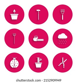 Set Chainsaw, Cactus and succulent pot, Gardening handmade scissors, Cloud with rain, Ladybug, pitchfork, rake and Plant icon. Vector