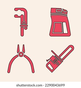 Set Chainsaw, Clamp tool, Cement bag and Pliers tool icon. Vector