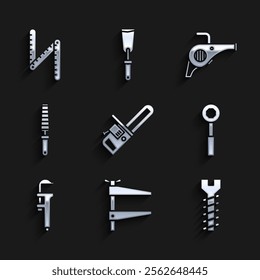 Set Chainsaw, Clamp tool, Metallic screw, Wrench spanner, Calliper or caliper and scale, Chisel for wood, Leaf garden blower and Folding ruler icon. Vector