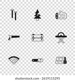 Set Chainsaw, Electric circular, Wooden log, box, Metallic nails, Tree and Hand icon. Vector