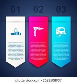 Set Chainsaw, Electric drill machine and jigsaw. Business infographic template. Vector