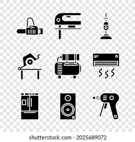 Set Chainsaw, Electric jigsaw, Vacuum cleaner, Refrigerator, Stereo speaker and hot glue gun icon. Vector
