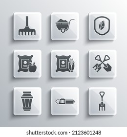 Set Chainsaw, Garden rake, Shovel and, Corn the sack, light lamp, Apple,  and Shield with leaf icon. Vector