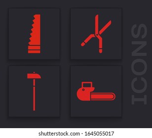 Set Chainsaw, Garden saw, Gardening handmade scissors and Hammer icon. Vector