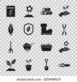 Set Chainsaw, Hand holding flower, Gardening handmade scissors, Wooden logs, Shield with leaf, Corn, Pack full of seeds of plant and Waterproof rubber boot icon. Vector