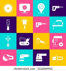 Set Chainsaw, Power electric generator, Electric jigsaw, Circular blade, Construction jackhammer, Rasp metal file, and Rotary drill machine icon. Vector