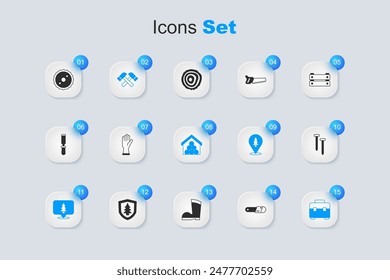 Set Motosierra, Guantes de protección, Martillo cruzado, Locación del bosque, Caja de herramientas, Clavos metálicos, Hoja circular y troncos de madera. Vector