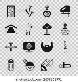Set Chainsaw, Rasp metal file, Grapple crane grabbed log, Protective gloves, Wooden logs, Closed door and Tree icon. Vector