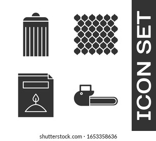Set Chainsaw, Trash can, Un paquete lleno de semillas de una planta específica y un icono de madera de la valla Jardín. Vector