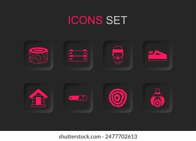 Set Chainsaw, Wooden box, logs, Tree rings, plane tool, Grapple crane grabbed, Lumberjack and Dog house icon. Vector