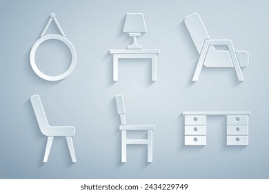 Set Chair, Armchair, Office desk, Table lamp on table and Mirror icon. Vector