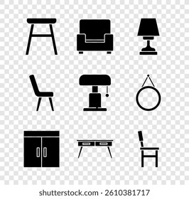 Set Chair, Armchair, Table lamp, Wardrobe, Office desk,  and  icon. Vector
