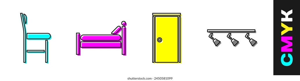 Set Chair, Bed, Closed door and Led track lights and lamps icon. Vector