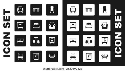 Set Chair, Big bed, Furniture nightstand, Armchair, Office desk,  and  icon. Vector