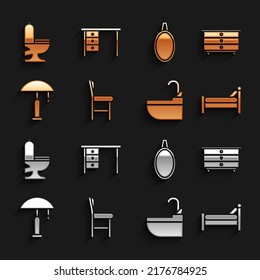 Set Chair, Chest Of Drawers, Bed, Washbasin With Water Tap, Table Lamp, Mirror, Toilet Bowl And Office Desk Icon. Vector