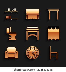 Set Chair, Clock, Curtains, Armchair, Toilet bowl, Wooden table and Shelf with books icon. Vector