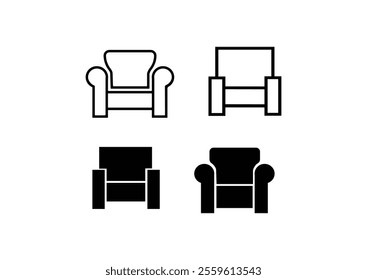 Set of chair. Collection trendy chair in flat style. Vector illustration on white background. Armchair outline icon set. Linear chairs collection. Trendy Line art illustration of soft furniture.