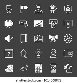 set of chair, dollar flag, discount, atm, increase graph, female badge, mute, notebook, bow, online estate, video camera, employer, idea, wallet, calculator, map location, shovel, wallet vector icon