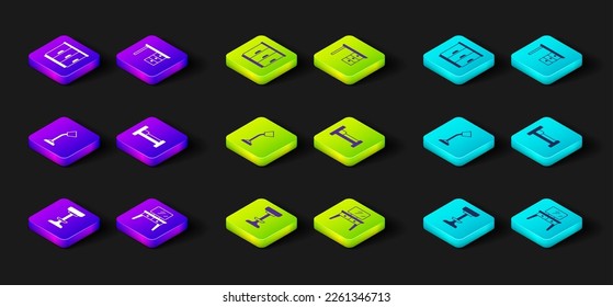 Set-Chair, Dressing-Tisch, Tischlampe, Bett, Büroschreibtisch und Wardrobe-Symbol. Vektorgrafik