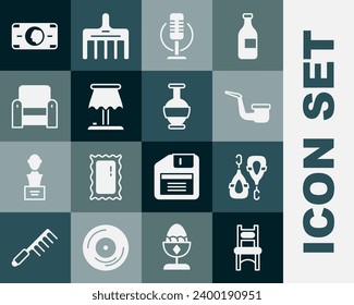 Set Chair, Earrings, Smoking pipe, Microphone, Table lamp, Armchair, Stacks paper money cash and Ancient amphorae icon. Vector