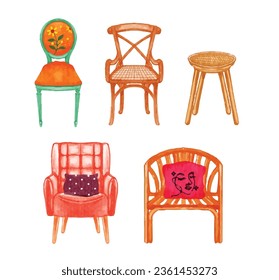 set of chair. furniture Interior watercolor vector illustration