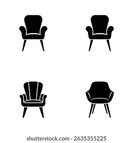 Set of chair icons with different style seats and legs. Minimalist chair design, in a simple silhouette, isolated on a transparent background.