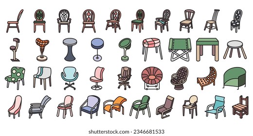 A set of chair icons in line style filled with color.