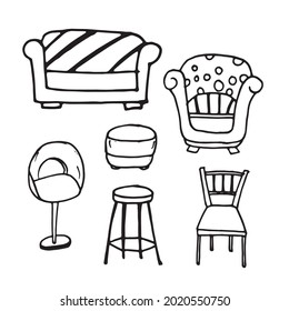 set of chair illustration isolated on white background. sketch chair, hand drawn vector. home interior, furniture. doodle art for coloring book, poster, clipart, logo, label, sticker, clipart, cover.