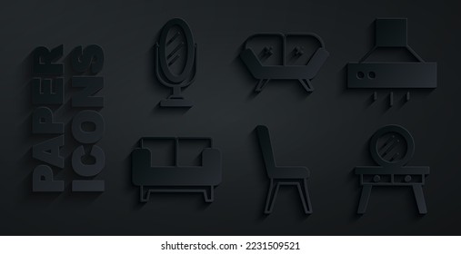Set-Stuhl, Küchenauszieher-Ventilator, Sofa, Dressing-Tisch und Spiegelsymbol. Vektorgrafik