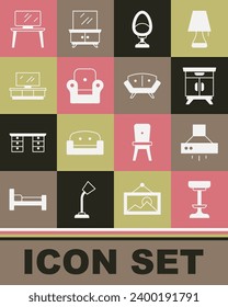 Silla ajustada, ventilador del extractor de cocina, puesto de noche de mobiliario, sillón, mesa de TV e icono del Sofá. Vector