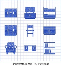 Set Chair, Office desk, Library bookshelf, Chest of drawers, Armchair, Wardrobe, Bunk bed and  icon. Vector
