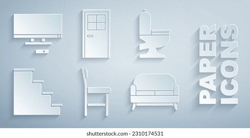 Set Chair, Toilet bowl, Staircase, Sofa, Closed door and Smart Tv icon. Vector