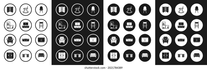 Set Chair, TV table stand, Shelf with books, Furniture nightstand, Armchair, Chest of drawers and  icon. Vector